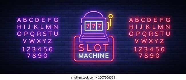 Slot machine logo in neon style. Neon sign, bright luminous banner, night billboard, bright nightly advertising of casinos, gaming machines and gambling. Vector illustration. Editing text neon sign Slot machine logo in neon style. Neon sign, bright luminous banner, night billboard, bright nightly advertising of casinos, gaming machines and gambling. Vector illustration. Editing text neon sign