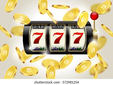 Slot machine with lucky seven and falling golden coins background. Winner casino