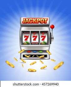 Slot machine with lucky seven and flying golden coins isolated on a white background.