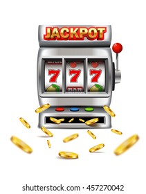 Slot machine with lucky seven and flying golden coins isolated on a white background.