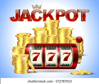 Slot machine with lucky seven and golden coins and red glossy jackpot text with crown on blue background