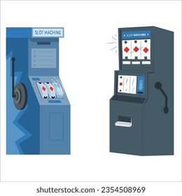 Slot machine with lucky seven jackpot. Casino game win. Gambling item. Big prize concept. One arm bandit. Roulette banner. Glowing lamp. line art. Retro flat style. vector design illustration. 2371