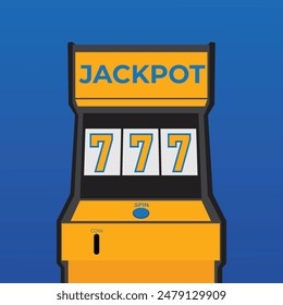 Slot machine with lucky seven jackpot. Casino game win. Gambling item. Big prize concept. One arm bandit. Roulette banner. Glowing lamp. line art. Retro flat style. Cartoon vector design illustration.