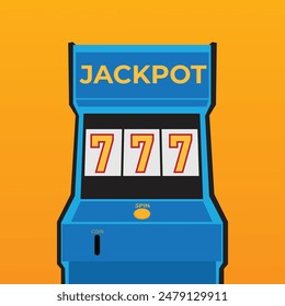 Slot machine with lucky seven jackpot. Casino game win. Gambling item. Big prize concept. One arm bandit. Roulette banner. Glowing lamp. line art. Retro flat style. Cartoon vector design illustration.