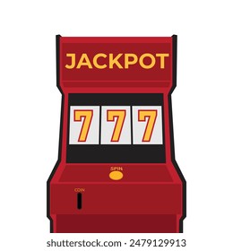 Slot machine with lucky seven jackpot. Casino game win. Gambling item. Big prize concept. One arm bandit. Roulette banner. Glowing lamp. line art. Retro flat style. Cartoon vector design illustration.