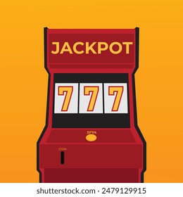 Slot machine with lucky seven jackpot. Casino game win. Gambling item. Big prize concept. One arm bandit. Roulette banner. Glowing lamp. line art. Retro flat style. Cartoon vector design illustration.