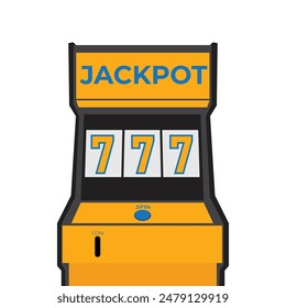 Slot machine with lucky seven jackpot. Casino game win. Gambling item. Big prize concept. One arm bandit. Roulette banner. Glowing lamp. line art. Retro flat style. Cartoon vector design illustration.