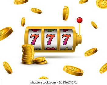 Slot machine lucky sevens jackpot concept 777. Vector casino game. Slot machine with money coins. Fortune chance jackpot.