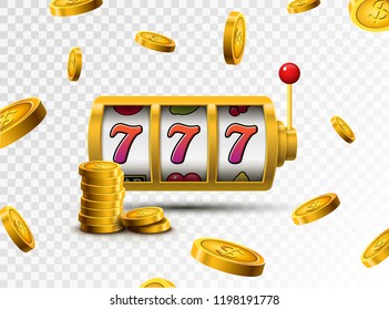 Slot machine lucky sevens jackpot concept 777. Vector casino game. Slot machine with money coins. Fortune chance jackpot.