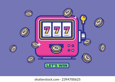 Slot machine with lucky sevens jackpot vector illustration. Win jackpot money