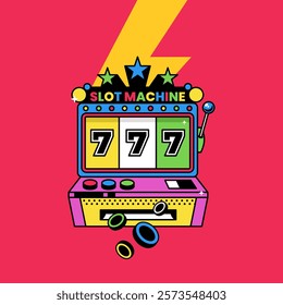 Slot machine with lucky sevens jackpot vector illustration. Win jackpot money