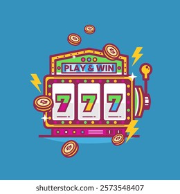 Slot machine with lucky sevens jackpot vector illustration. Win jackpot money