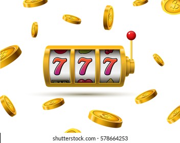 Slot machine lucky sevens jackpot concept. Vector casino game. Slot machine with money coins. Fortune chance jackpot