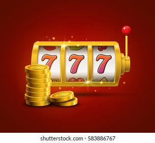 Slot machine lucky sevens jackpot concept 777. Vector casino game. Slot machine with money coins. Fortune chance jackpot