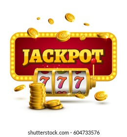 Slot machine lucky sevens jackpot concept 777. Vector casino game. Slot machine with money coins. Fortune chance jackpot.