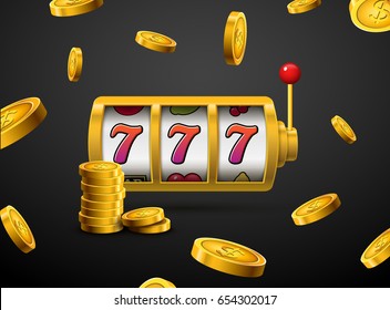 Slot machine lucky sevens jackpot concept 777. Vector casino game. Slot machine with money coins. Fortune chance jackpot.