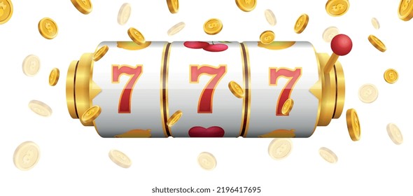 Slot machine with money. Poster or banner for online casino website, gambling. Coins falling from sky, wheel of fortune. Three sevens, reward, award and victory. Realistic 3D vector illustration