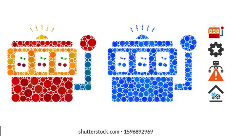 Slot machine mosaic of circle elements in different sizes and color hues, based on slot machine icon. Vector circle elements are composed into blue mosaic.