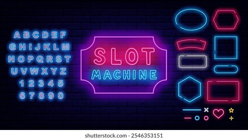 Slot machine neon emblem. Geometric frames set. Shiny blue alphabet. Vector stock illustration