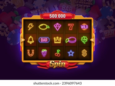 Slot machine with neon gaming symbols on a bright glowing background. Vector illustration.