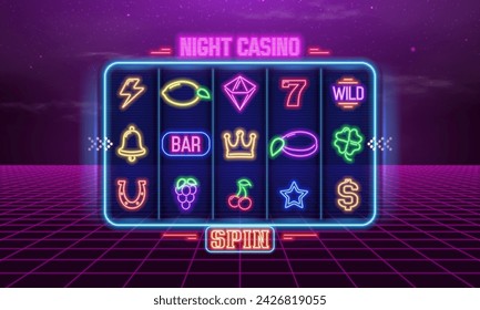 Slot machine with neon gaming symbols. Vector illustration.