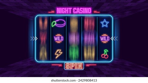 Slot machine with neon gaming symbols. Vector illustration.