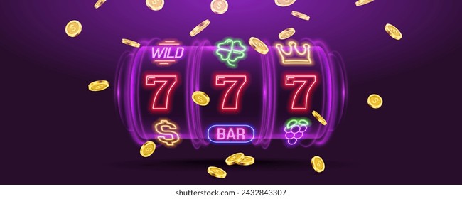 Slot machine with neon gaming symbols and falling coins. Vector illustration.