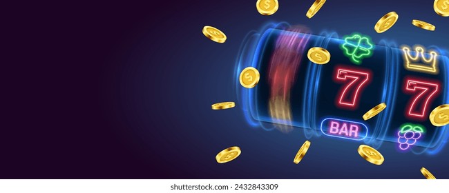 Slot machine with neon gaming symbols and falling coins. Vector illustration.