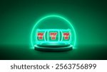 Slot machine neon jackpot on the glossy podium with glowing led ring. Casino web banner on bright green background. Vector illustration
