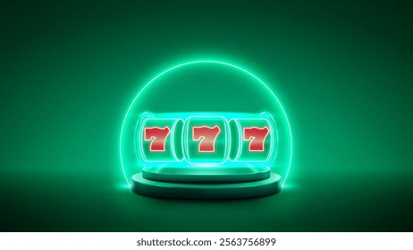 Slot machine neon jackpot on the glossy podium with glowing led ring. Casino web banner on bright green background. Vector illustration