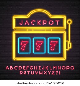 Slot Machine Neon Light Glowing Jackpot Sign. Gaming Machine Casino Illustration with Alphabet Neon Light Bright