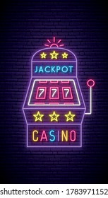 Slot machine neon sign. Bright neon signboard, light banner. Casino emblem. Vector illustration.