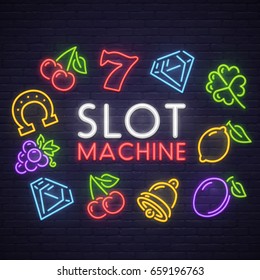 Slot Machine Neon Sign, Bright Signboard, Light Banner. Casino Logo, Emblem