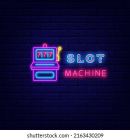 Slot machine neon sign. Casino concept. Jackpot with seven numbers. Game of chance badge. Vector illustration