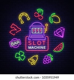 Slot machine is a neon sign. Collection of neon signs for a gaming machine. Game icons for casino. Vector Illustration on Casino, Fortune and Gambling. Jackpot