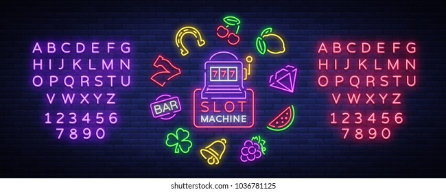 Slot machine is a neon sign. Collection of neon signs for a gaming machine. Game icons for casino. Vector Illustration on Casino, Fortune and Gambling. Jackpot. Editing text neon sign
