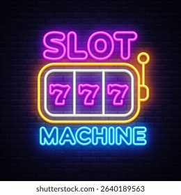 Slot machine neon sign with triple 777 symbols and lever icon on dark background. Bright composition for gambling ads and banners.