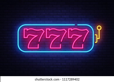 Slot Machine neon sign vector. 777 Slot Machine Design template neon sign, light banner, neon signboard, nightly bright advertising, light inscription. Vector illustration