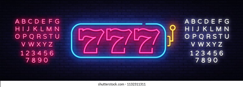 Slot Machine neon sign vector. 777 Slot Machine Design template neon sign, light banner, neon signboard, nightly bright advertising, light inscription. Vector illustration. Editing text neon sign Slot Machine neon sign vector. 777 Slot Machine Design template neon sign, light banner, neon signboard, nightly bright advertising, light inscription. Vector illustration. Editing text neon sign