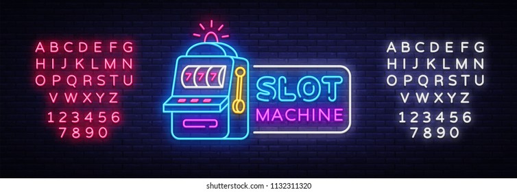 Slot Machine neon sign vector. Casino Design template neon sign, Slot Machine light banner, neon signboard, modern trend design, nightly bright advertising. Vector. Editing text neon sign