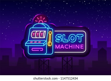 Slot Machine neon sign vector. Casino Design template neon sign, Slot Machine light banner, neon signboard, modern trend design, nightly bright advertising, light inscription. Vector. Billboard