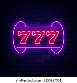 Slot machine neon signboard with jackpot. Casino emblem. Winner idea. Gambling signboard. Game of chance on brick wall. Bright logo. Editable stroke. Vector stock illustration