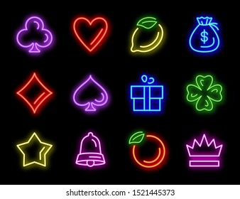 Slot machine neon vector icons for casino gambling on black background. Glowing symbols for slot games, golden star, red heart, crown, money bag and playing cards suits