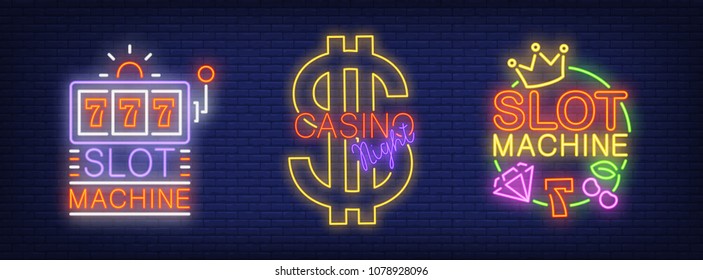 Slot machine, night casino neon sign set. Logo collection with jackpot and dollar symbol. Night bright advertisements. Vector illustrations for casino