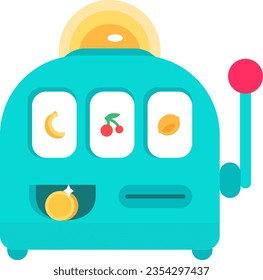 Slot machine, one armed bandit with spinning fruits on screen. Gambling green prize fortune device. Casino and gambling device. Simple flat vector icon isolated on white background