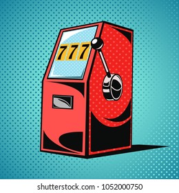 Slot machine. One-armed bandit casino slot machine. Vector illustration in pop art style, comics style.