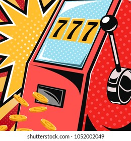 Slot machine. One-armed bandit casino slot machine. Vector illustration in pop art style, comics style.