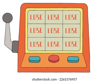 Slot machine one-armed bandit in doodle style. On the screen of the one-armed bandit is written lose. Gambling concept, the player always loses. Freehand drawing. Doodle. Hand Drawn. Outline.	
