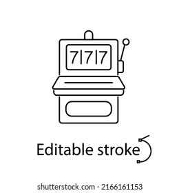 Slot machine outline icon. Winner and chance concept. Gambling item. Casino idea. Customizable linear contour symbol. Editable stroke. Isolated vector stock illustration