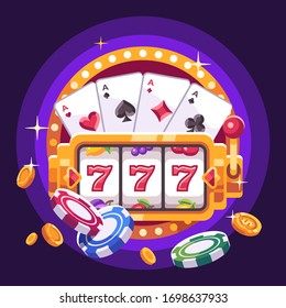 Slot Machine With Playing Cards, Poker Chips And Gold Coins. Casino Flat Illustration